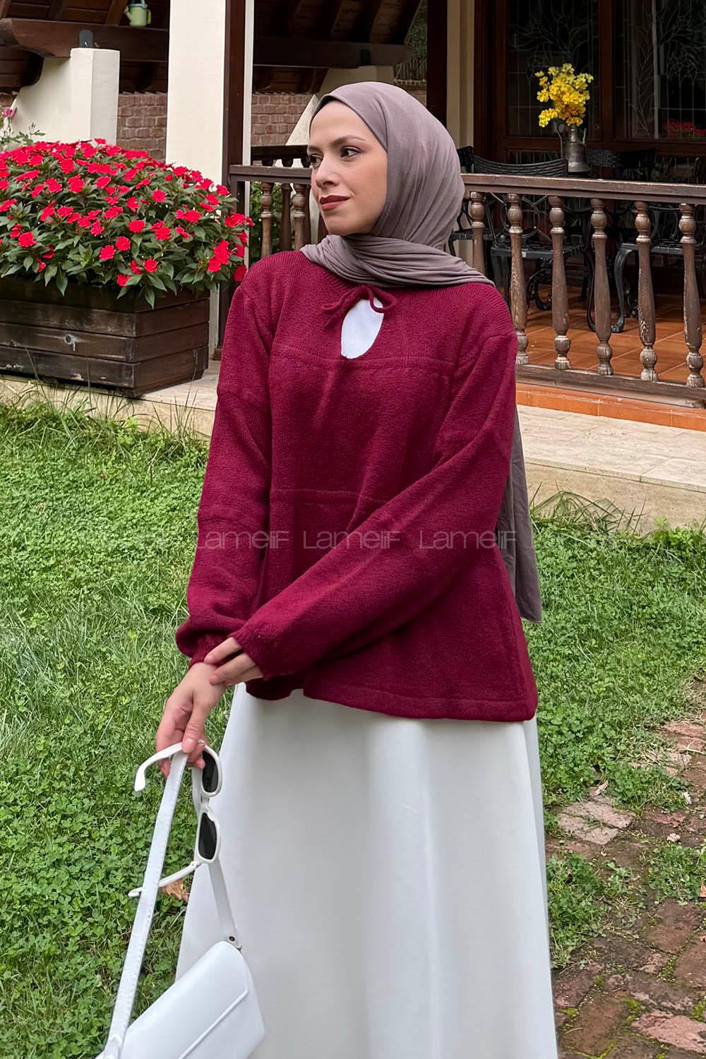 Lamelif Yakası Bağcıklı Triko Kazak Bordo