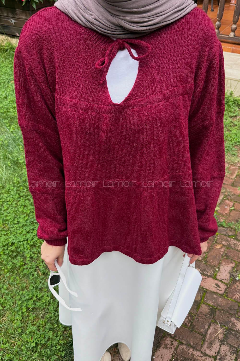 Lamelif Yakası Bağcıklı Triko Kazak Bordo