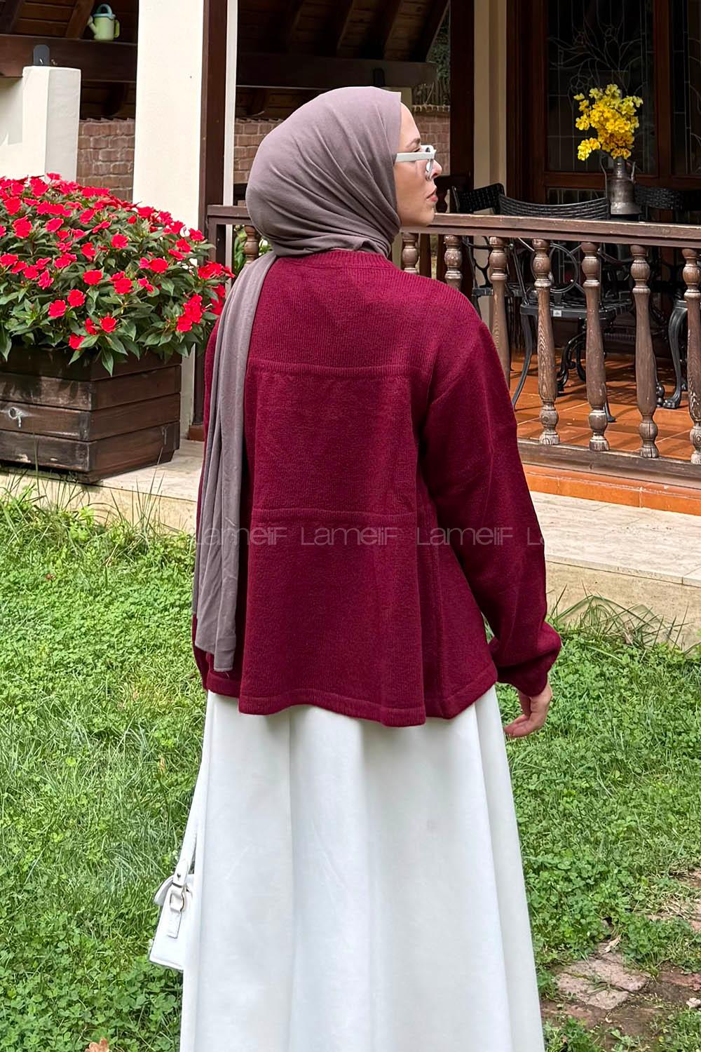 Lamelif Yakası Bağcıklı Triko Kazak Bordo