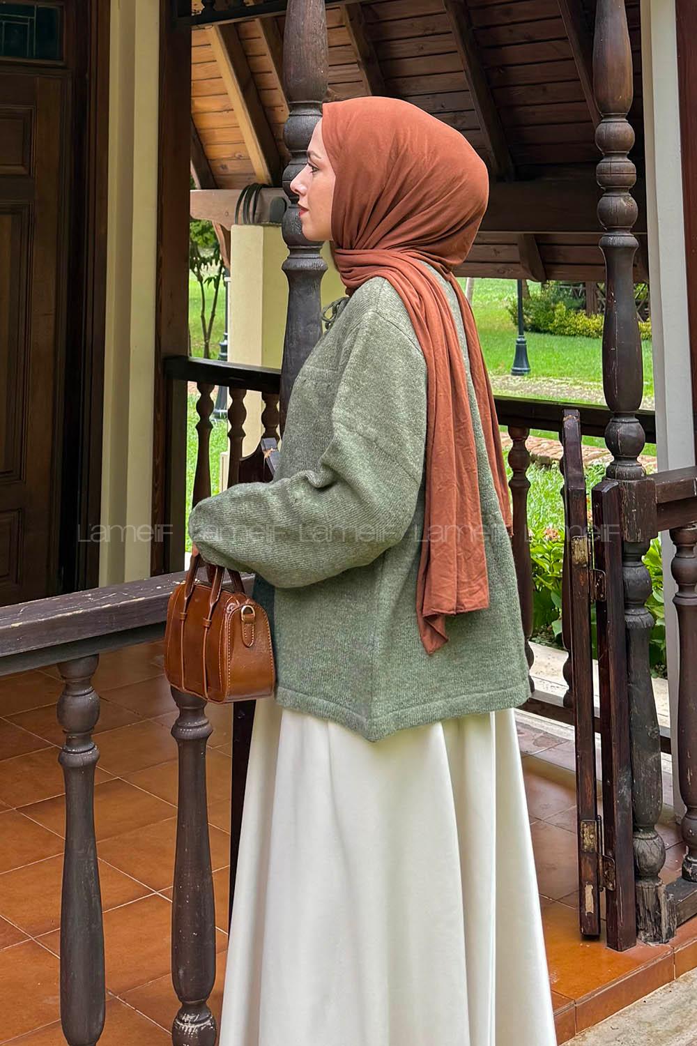 Lamelif Yakası Bağcıklı Triko Kazak Haki