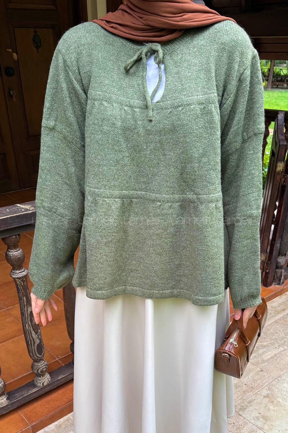 Lamelif Yakası Bağcıklı Triko Kazak Haki