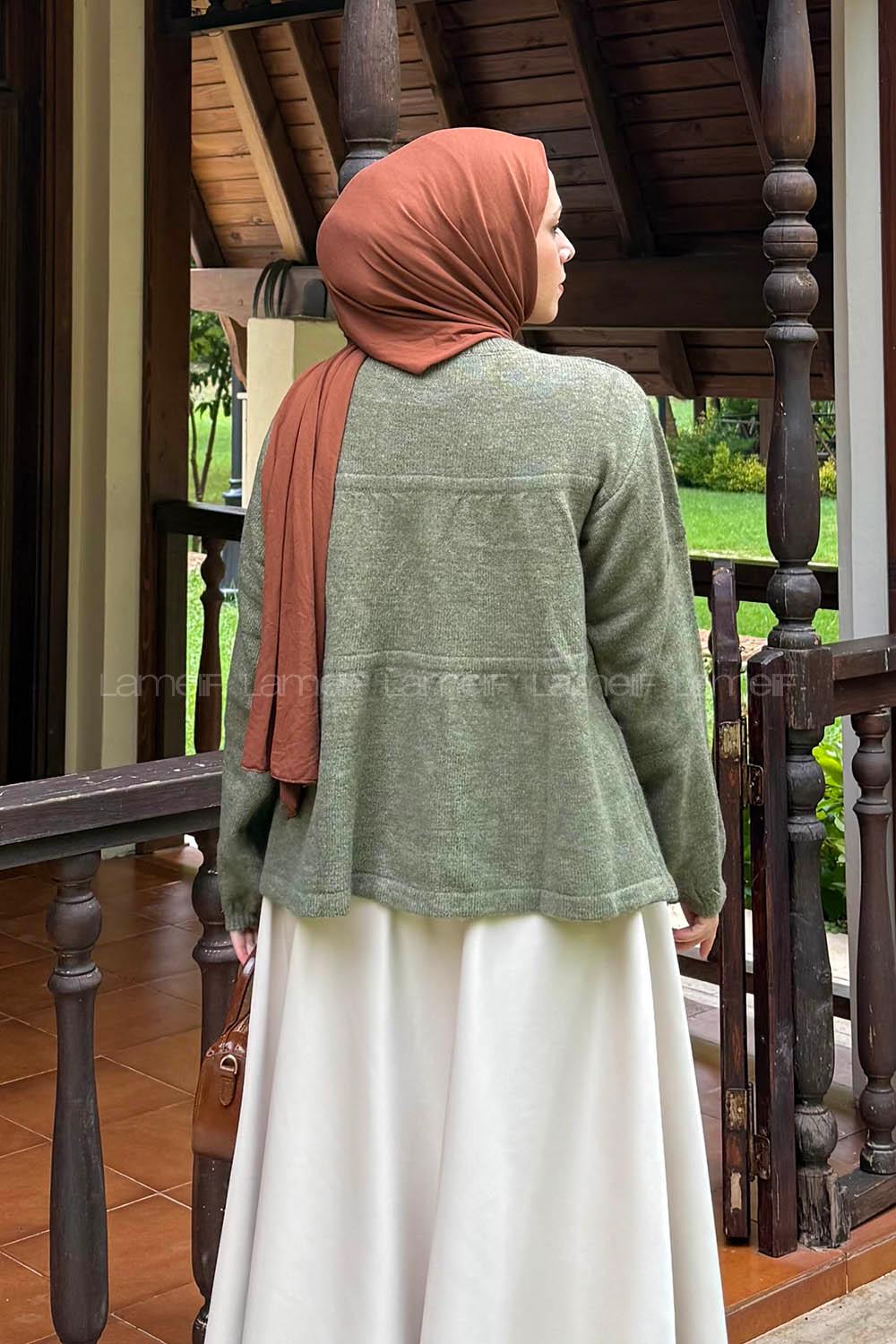 Lamelif Yakası Bağcıklı Triko Kazak Haki