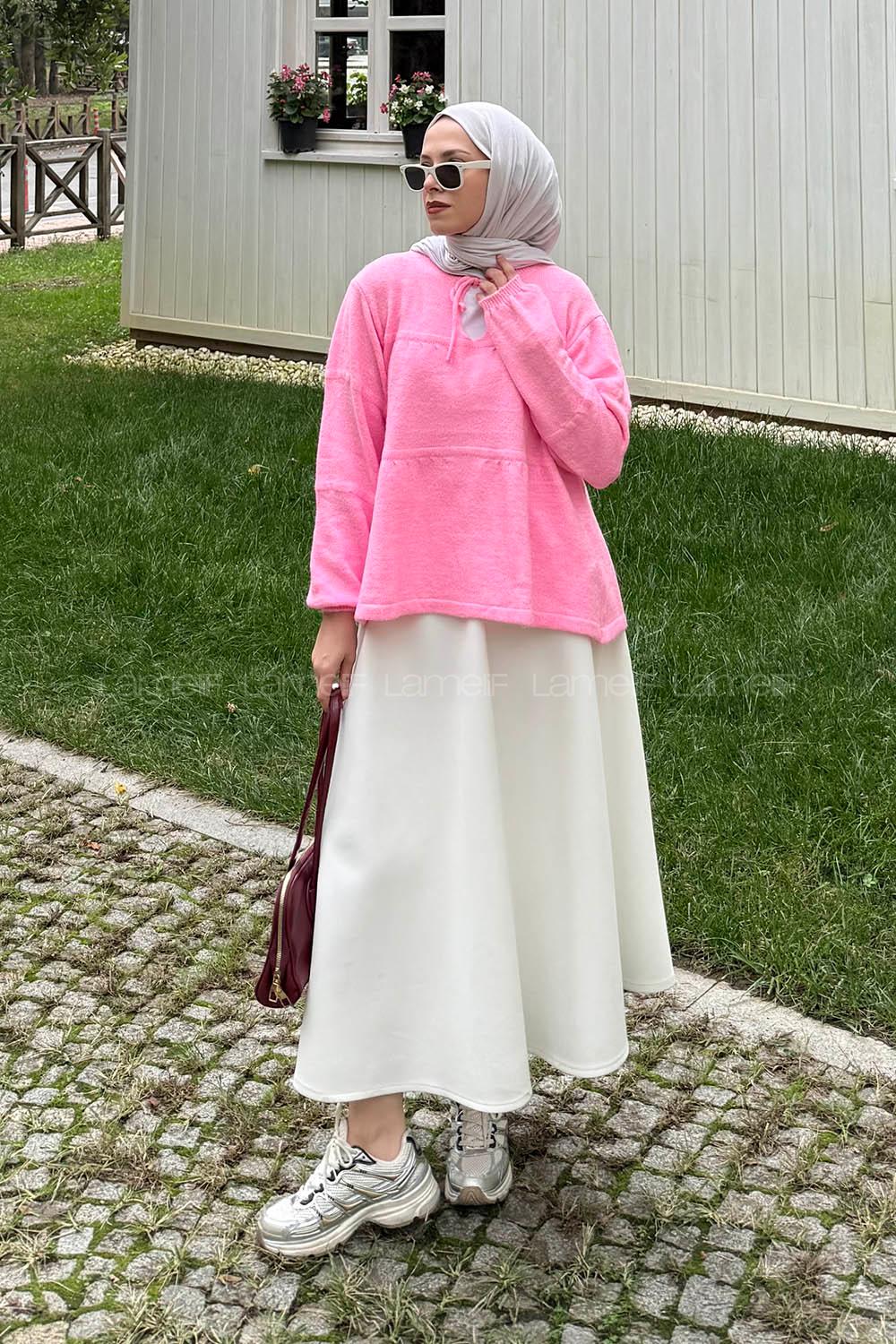 Lamelif Yakası Bağcıklı Triko Kazak Pembe