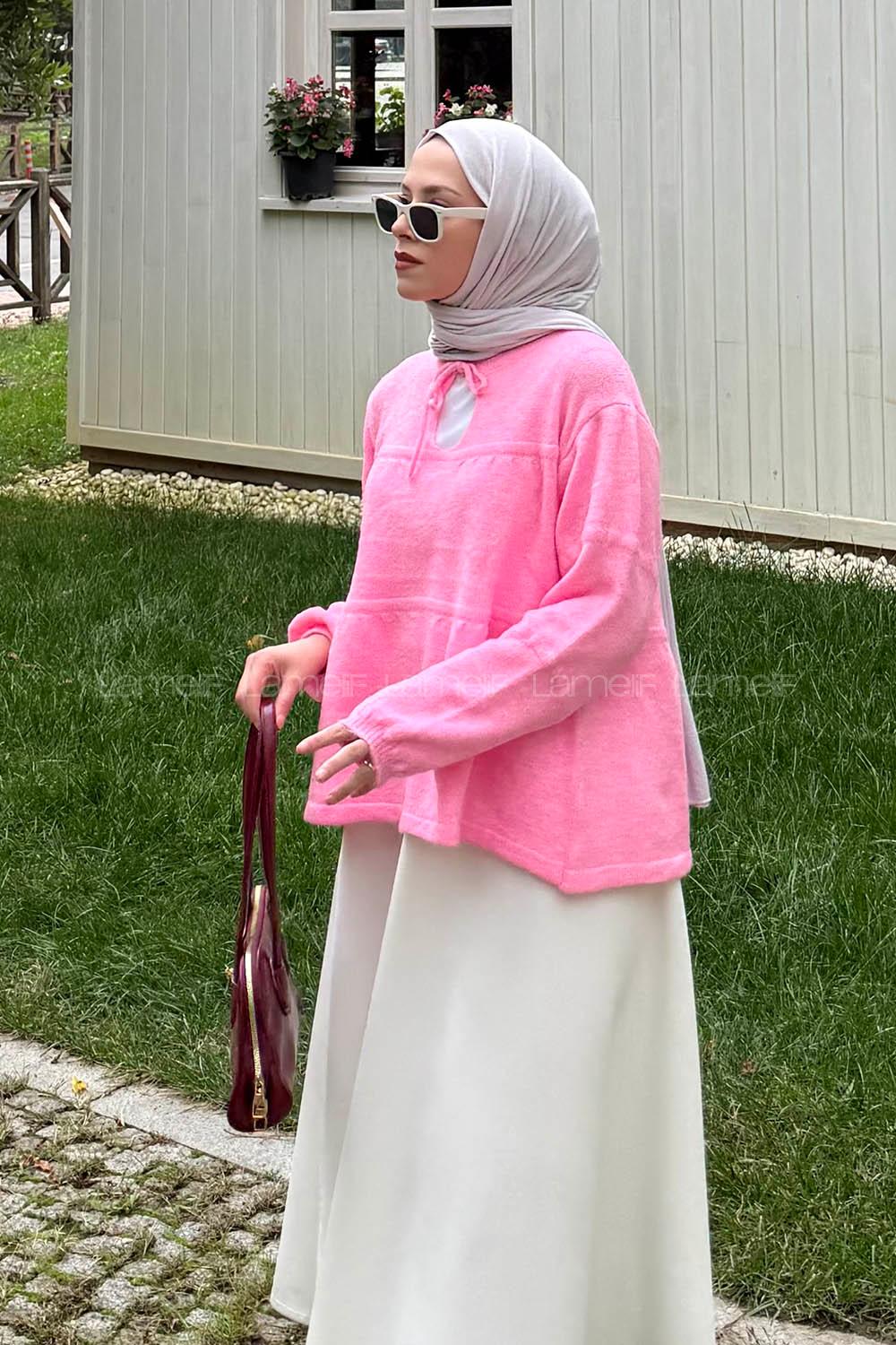 Lamelif Yakası Bağcıklı Triko Kazak Pembe