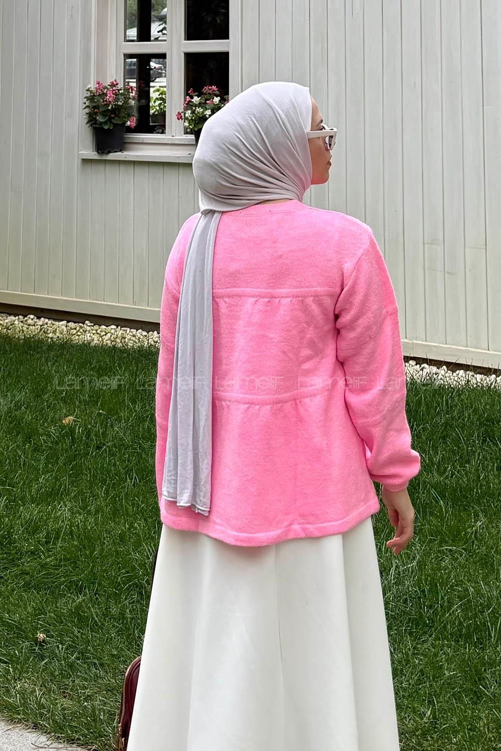 Lamelif Yakası Bağcıklı Triko Kazak Pembe