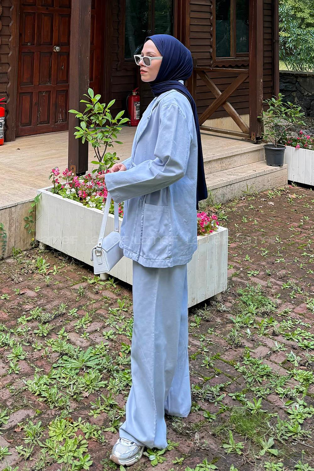 Lamelif Yan Bağlama Detaylı Pantolonlu Takım Bebe Mavisi