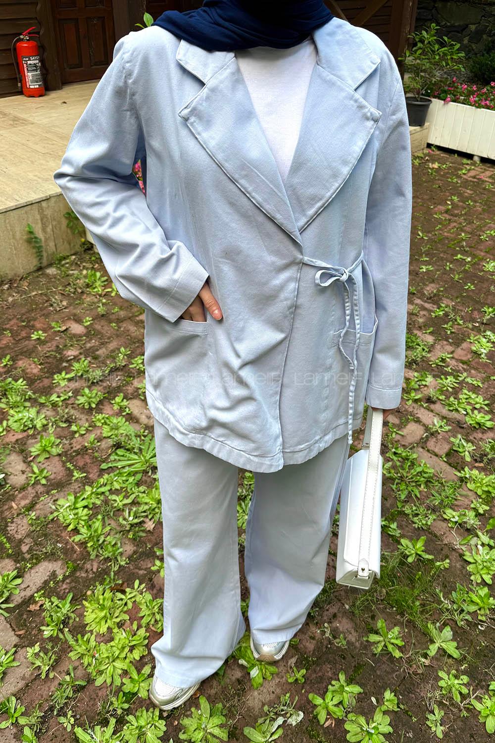 Lamelif Yan Bağlama Detaylı Pantolonlu Takım Bebe Mavisi