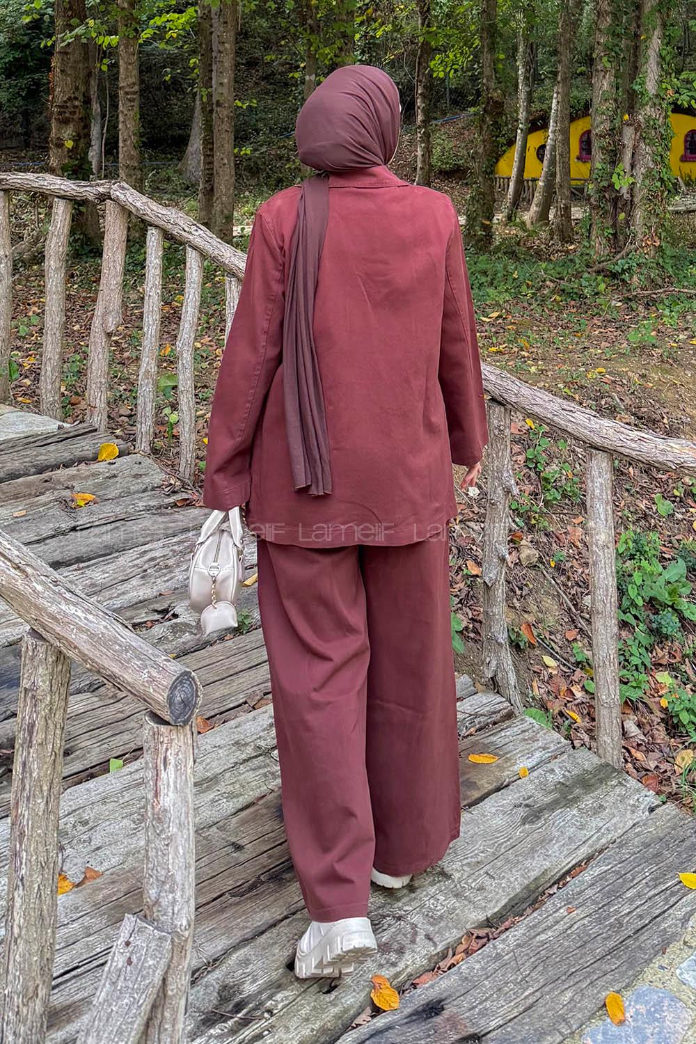 Lamelif Yan Bağlama Detaylı Pantolonlu Takım Kahverengi