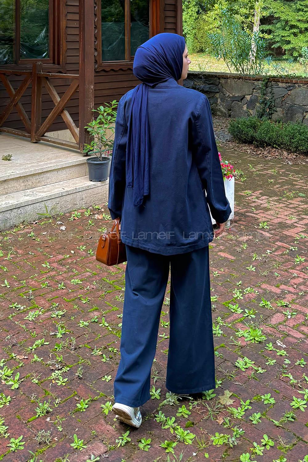 Lamelif Yan Bağlama Detaylı Pantolonlu Takım Lacivert