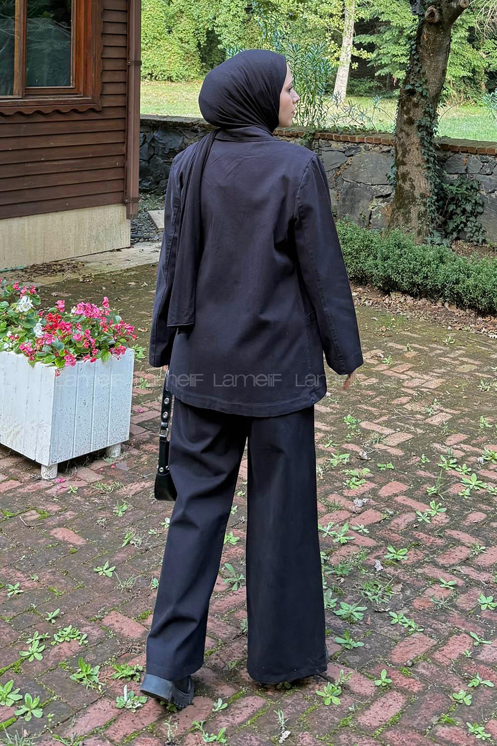 Lamelif Yan Bağlama Detaylı Pantolonlu Takım Siyah