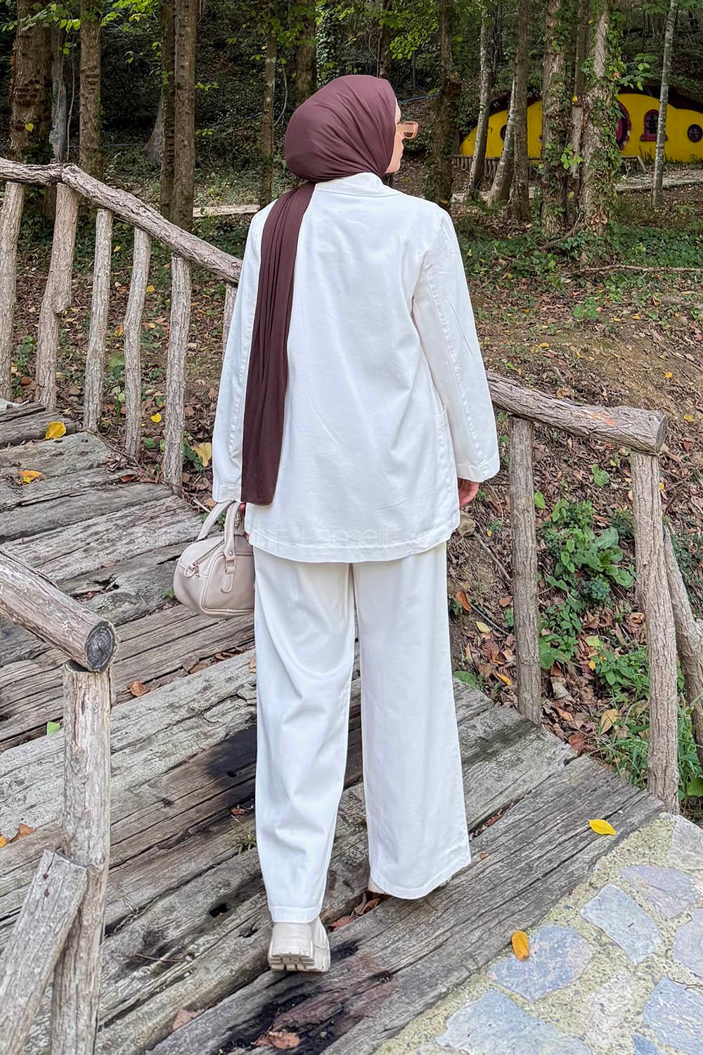 Lamelif Yan Bağlama Detaylı Pantolonlu Takım Taş Rengi