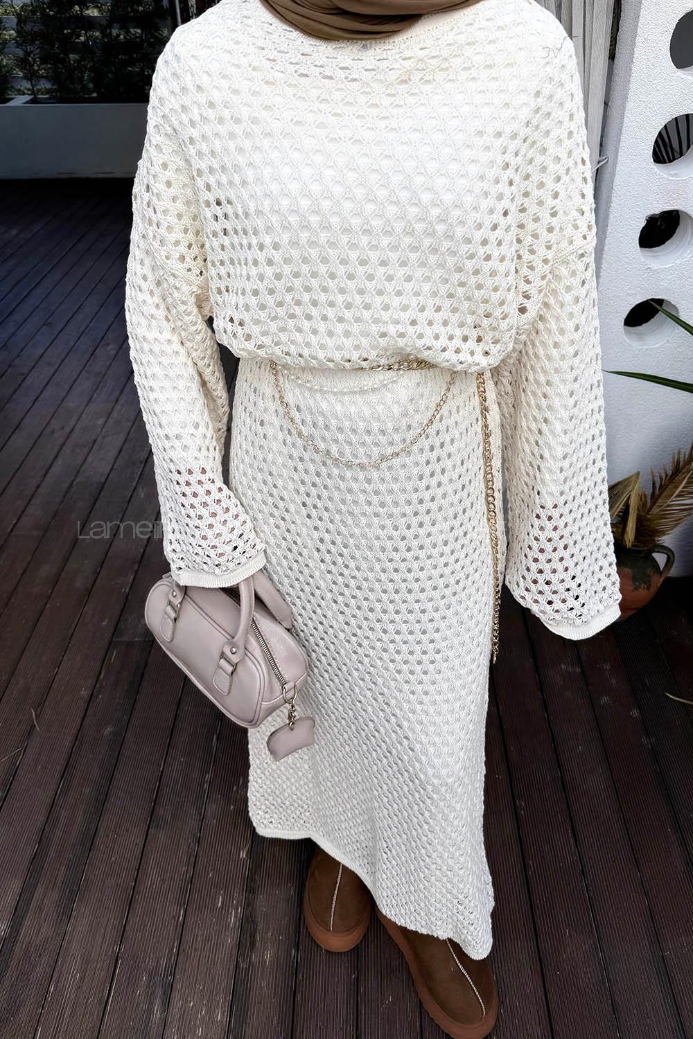 Lamelif Ajurlu Tesettür Elbise Ekru