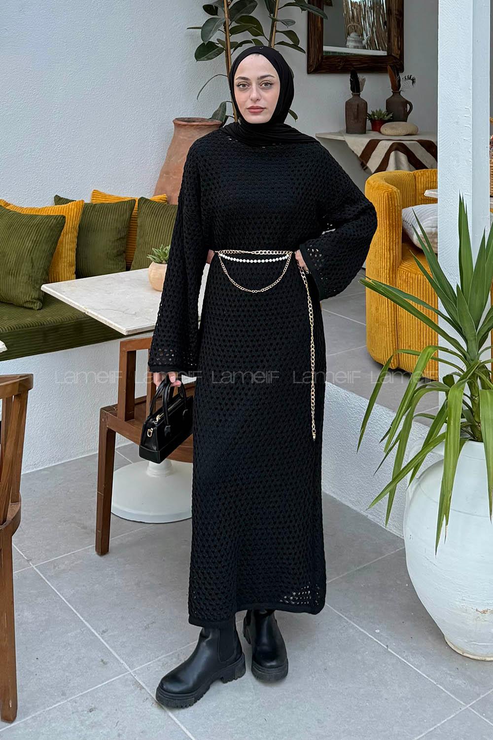 Lamelif Ajurlu Tesettür Elbise Siyah