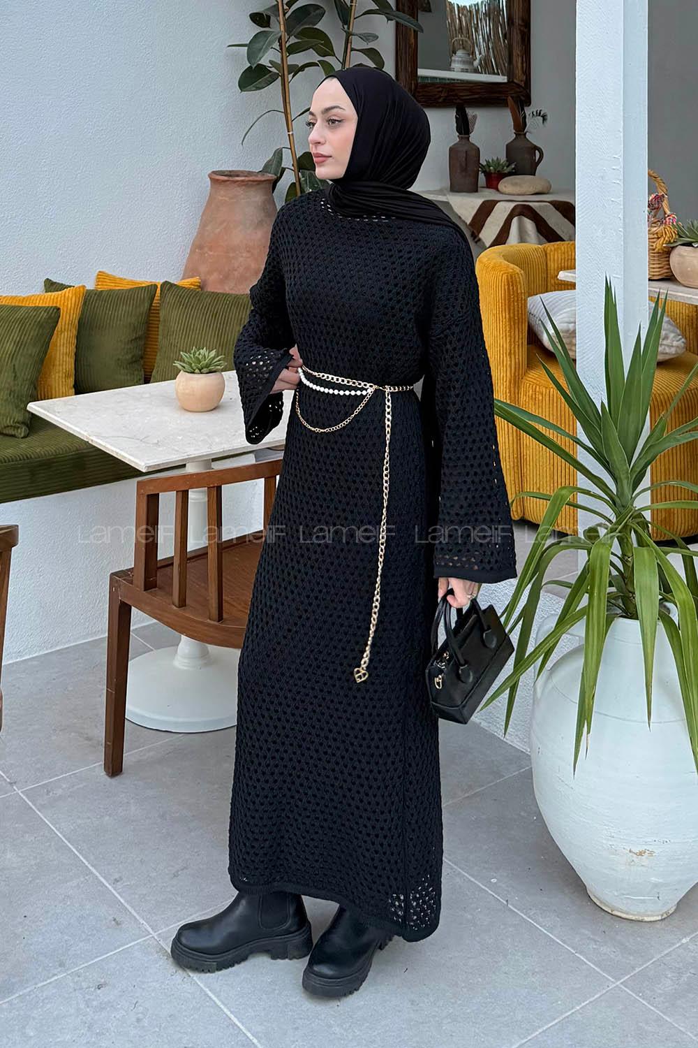 Lamelif Ajurlu Tesettür Elbise Siyah