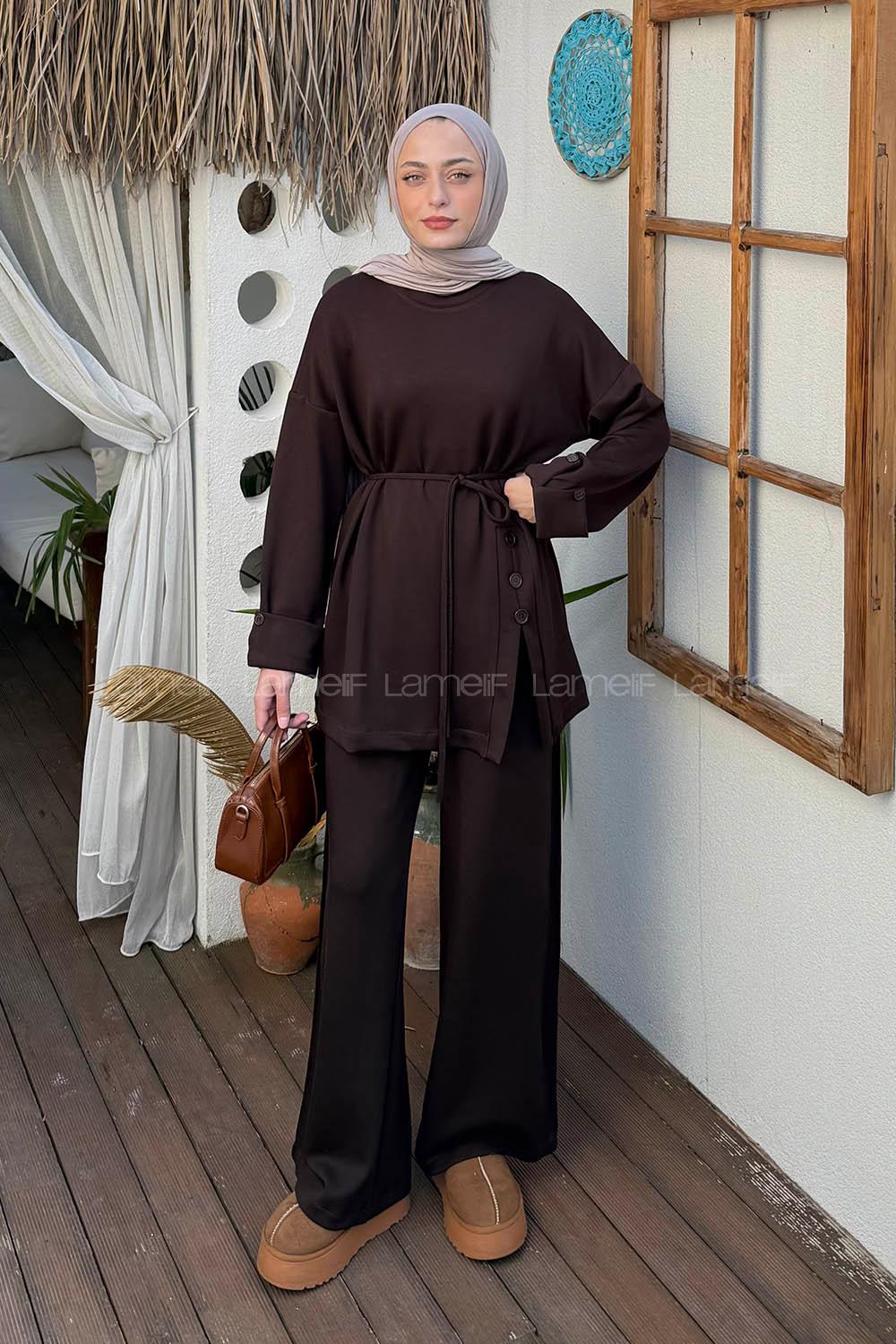 Lamelif Düğme Detaylı İkili Takım Acı Kahve