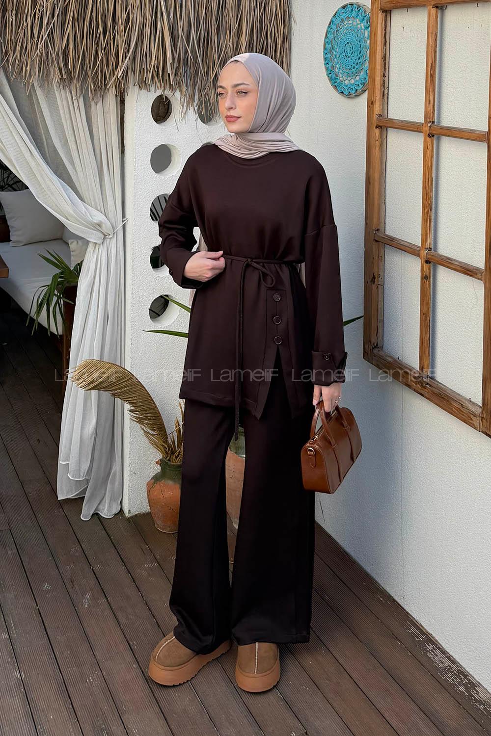 Lamelif Düğme Detaylı İkili Takım Acı Kahve