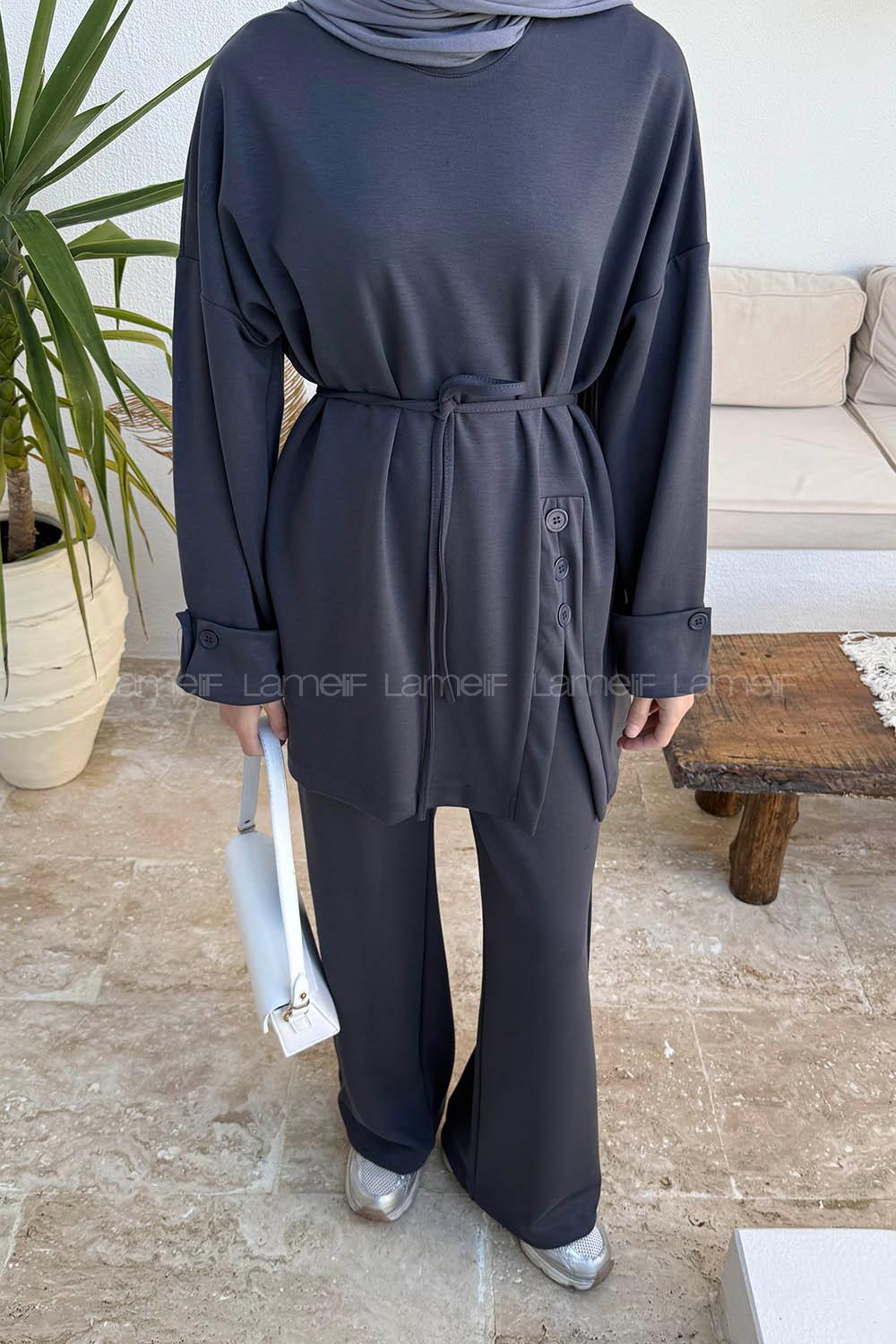 Lamelif Düğme Detaylı İkili Takım Antrasit