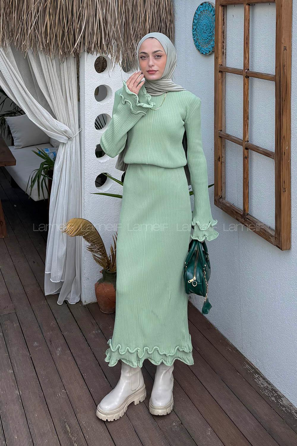 Lamelif Fitilli Tesettür Elbise Çağla Yeşili