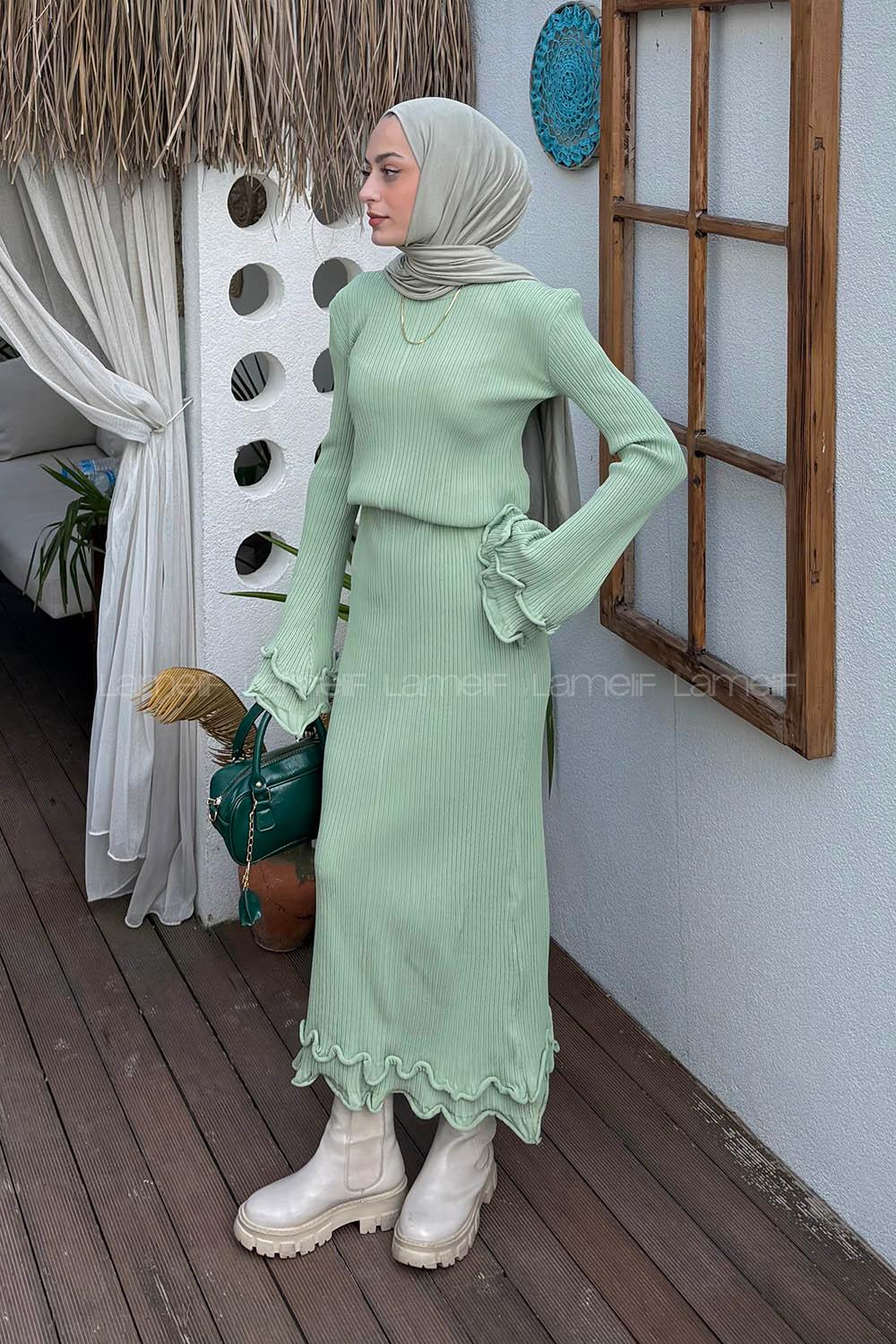 Lamelif Fitilli Tesettür Elbise Çağla Yeşili