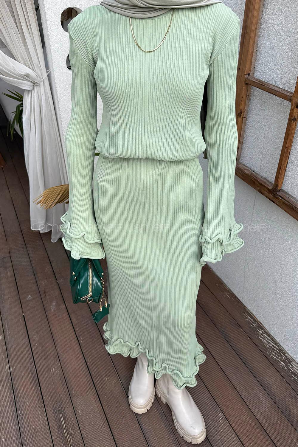 Lamelif Fitilli Tesettür Elbise Çağla Yeşili