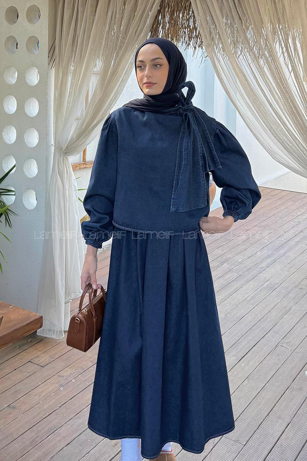 Lamelif Fiyonk Detaylı Denim Takım Koyu Mavi