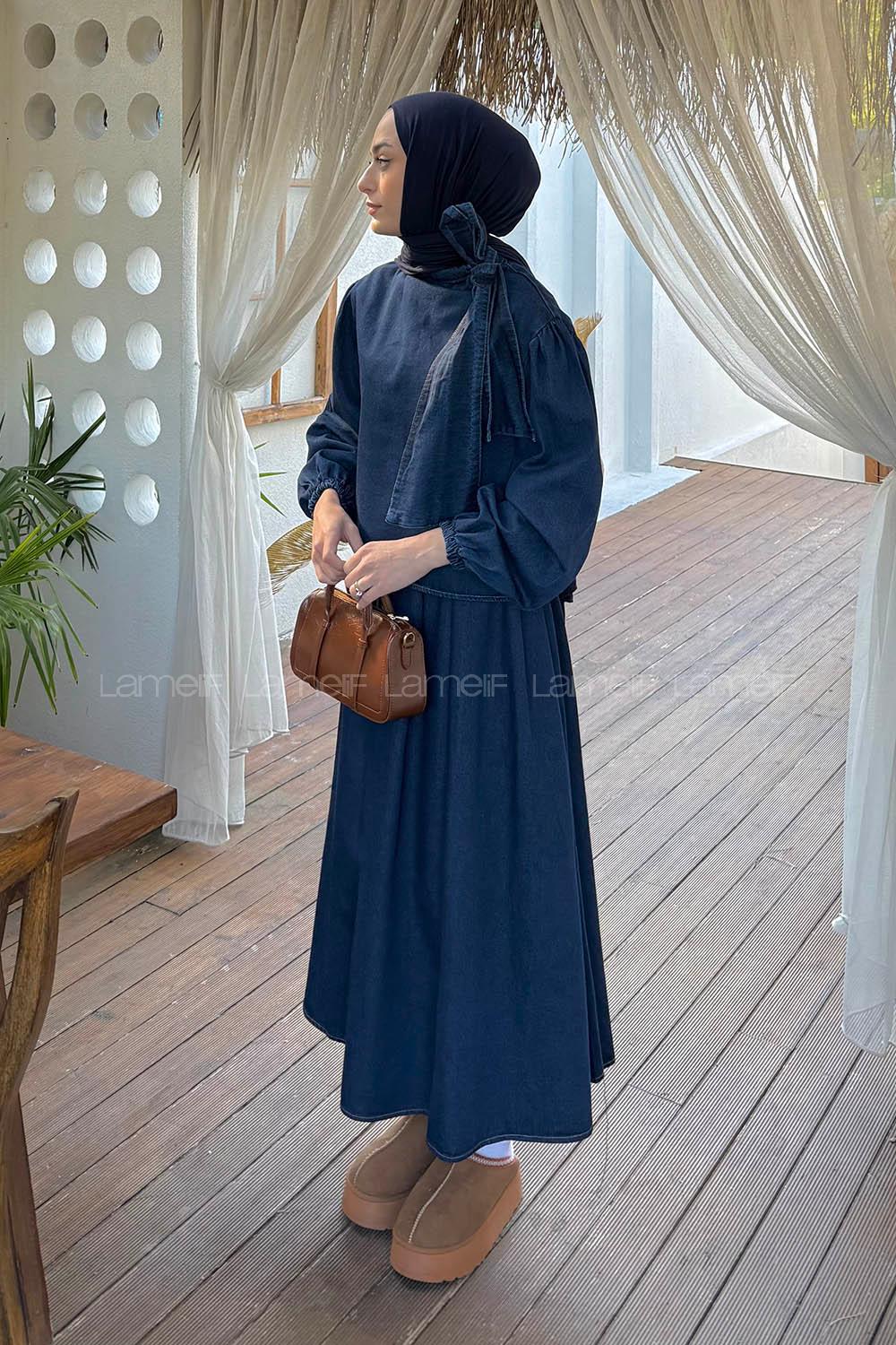 Lamelif Fiyonk Detaylı Denim Takım Koyu Mavi