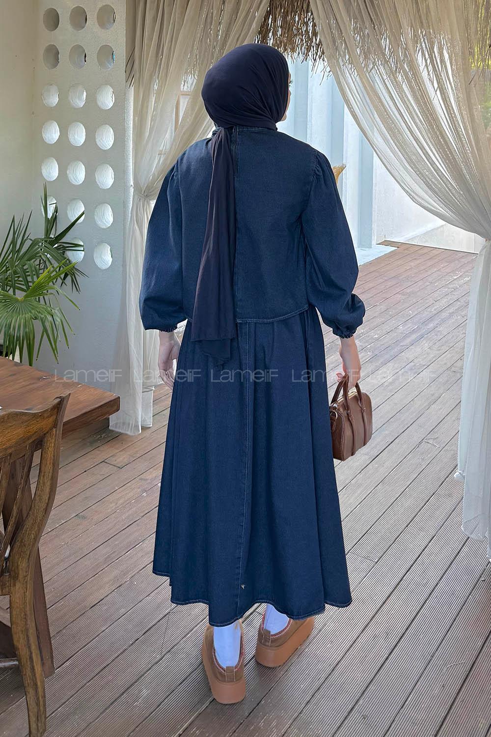 Lamelif Fiyonk Detaylı Denim Takım Koyu Mavi