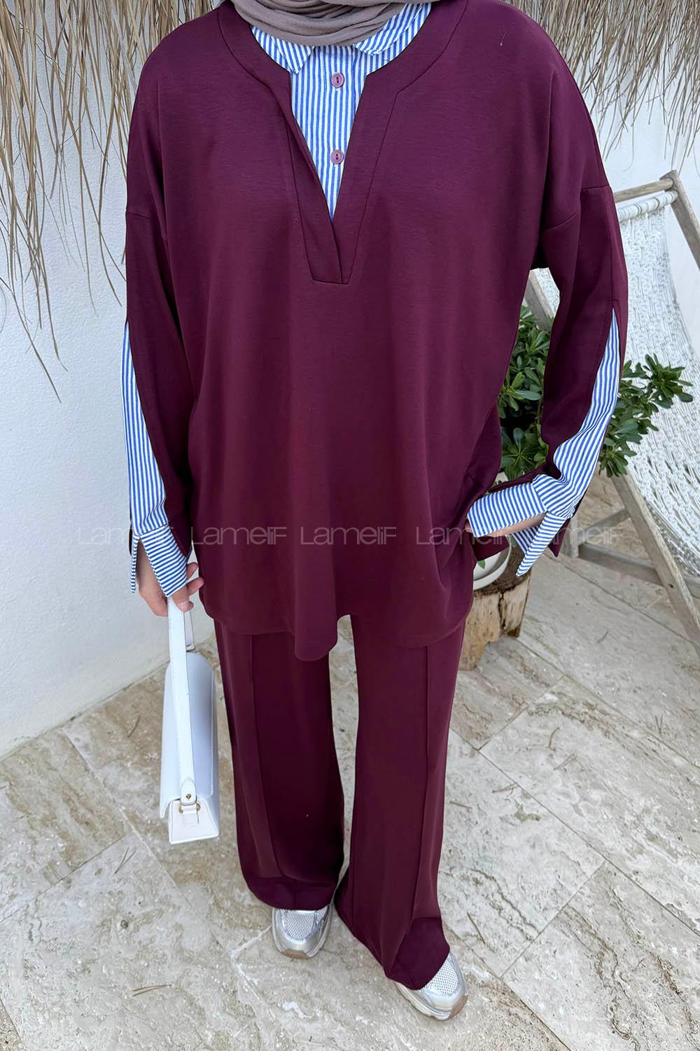 Lamelif Garnili İkili Takım Bordo