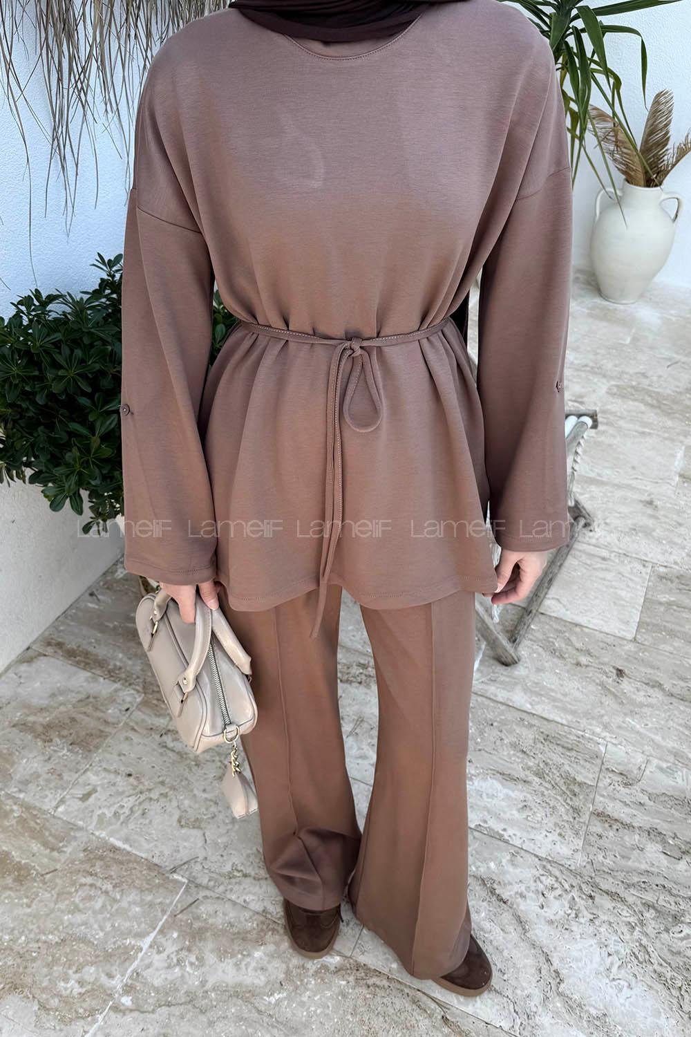 Lamelif Kol Düğme Detaylı Oysho Takım Soft Kahve