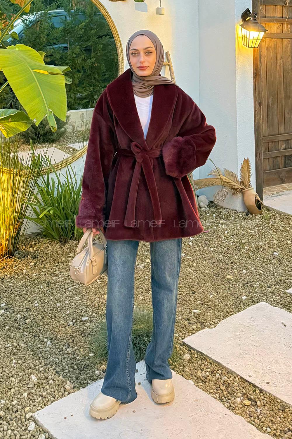 Lamelif Kürklü Kaşe Mont Bordo