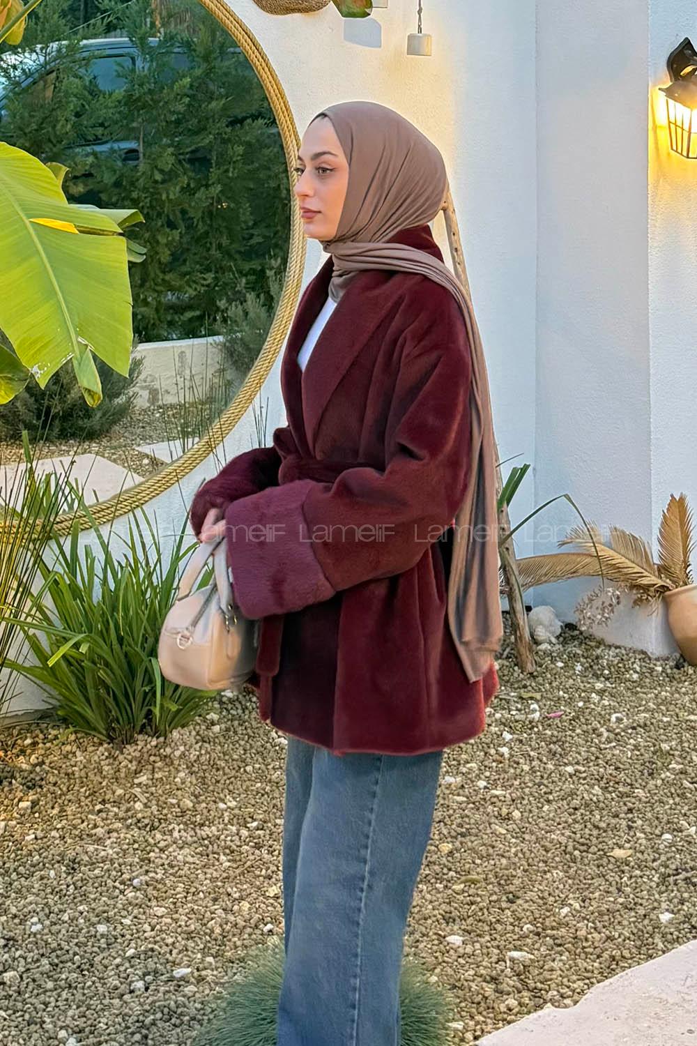 Lamelif Kürklü Kaşe Mont Bordo