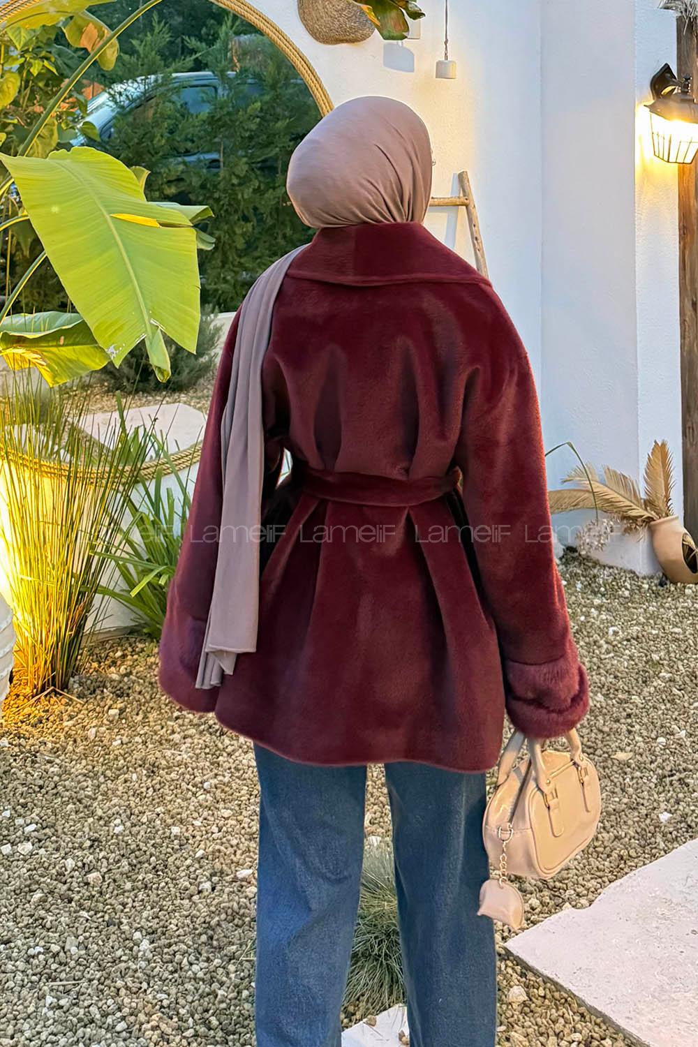 Lamelif Kürklü Kaşe Mont Bordo