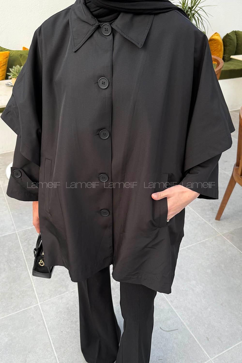 Black Shirt Collar Long Arm Elastan Polyester Jacket
