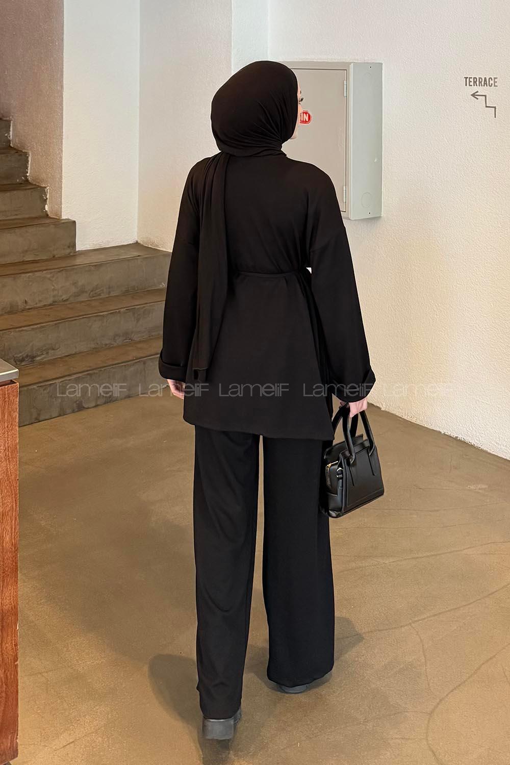 Black Crew Neck Long Arm Cotton Elastan Comfortable Suit