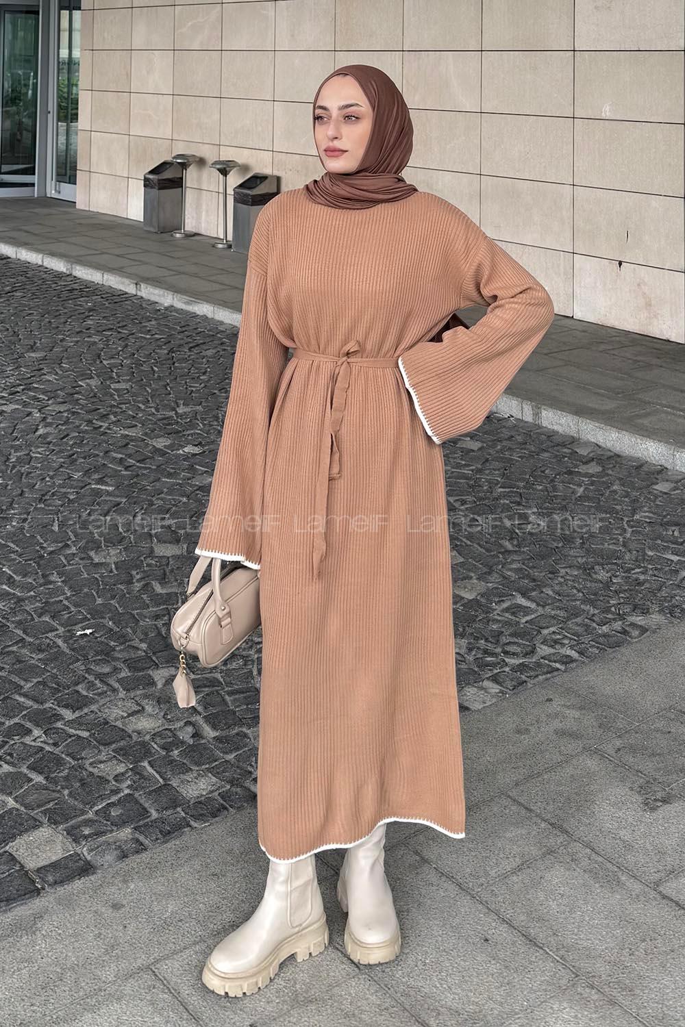 Lamelif Çoban Dikişli Triko Elbise Camel