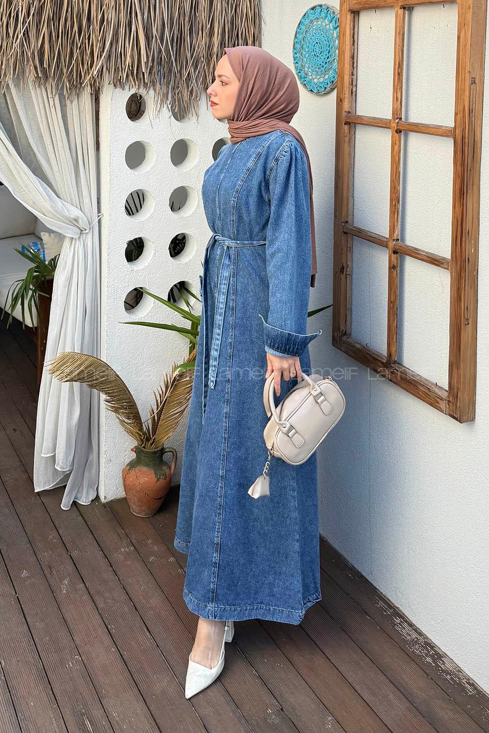 Lamelif Dikiş Detaylı Denim Elbise Açık Mavi