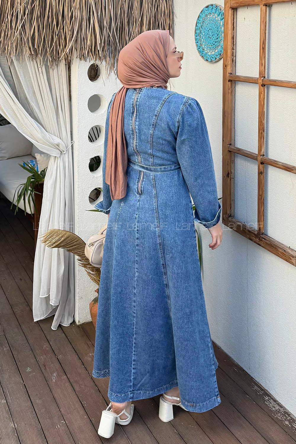 Lamelif Dikiş Detaylı Denim Elbise Açık Mavi