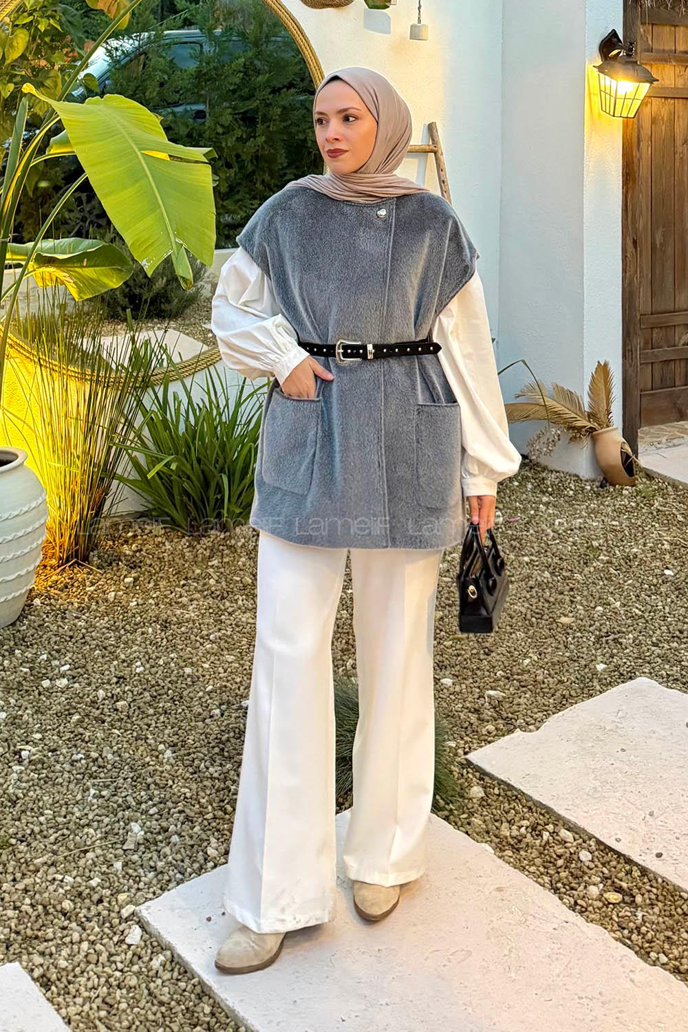 Lamelif Kemerli Kaşe Yelek Gri