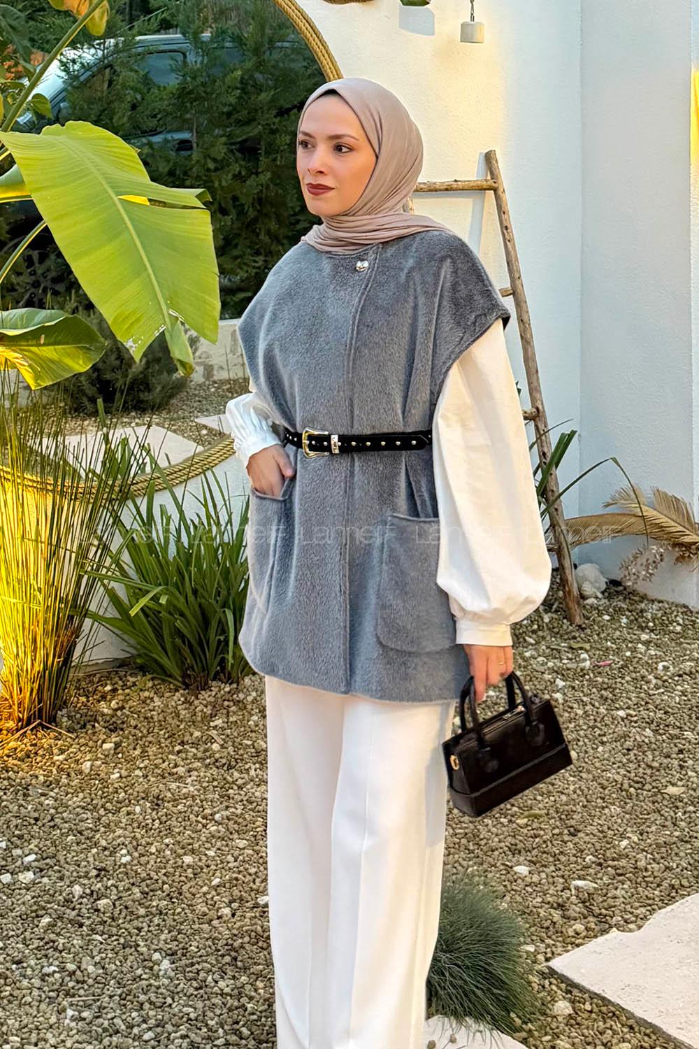 Lamelif Kemerli Kaşe Yelek Gri