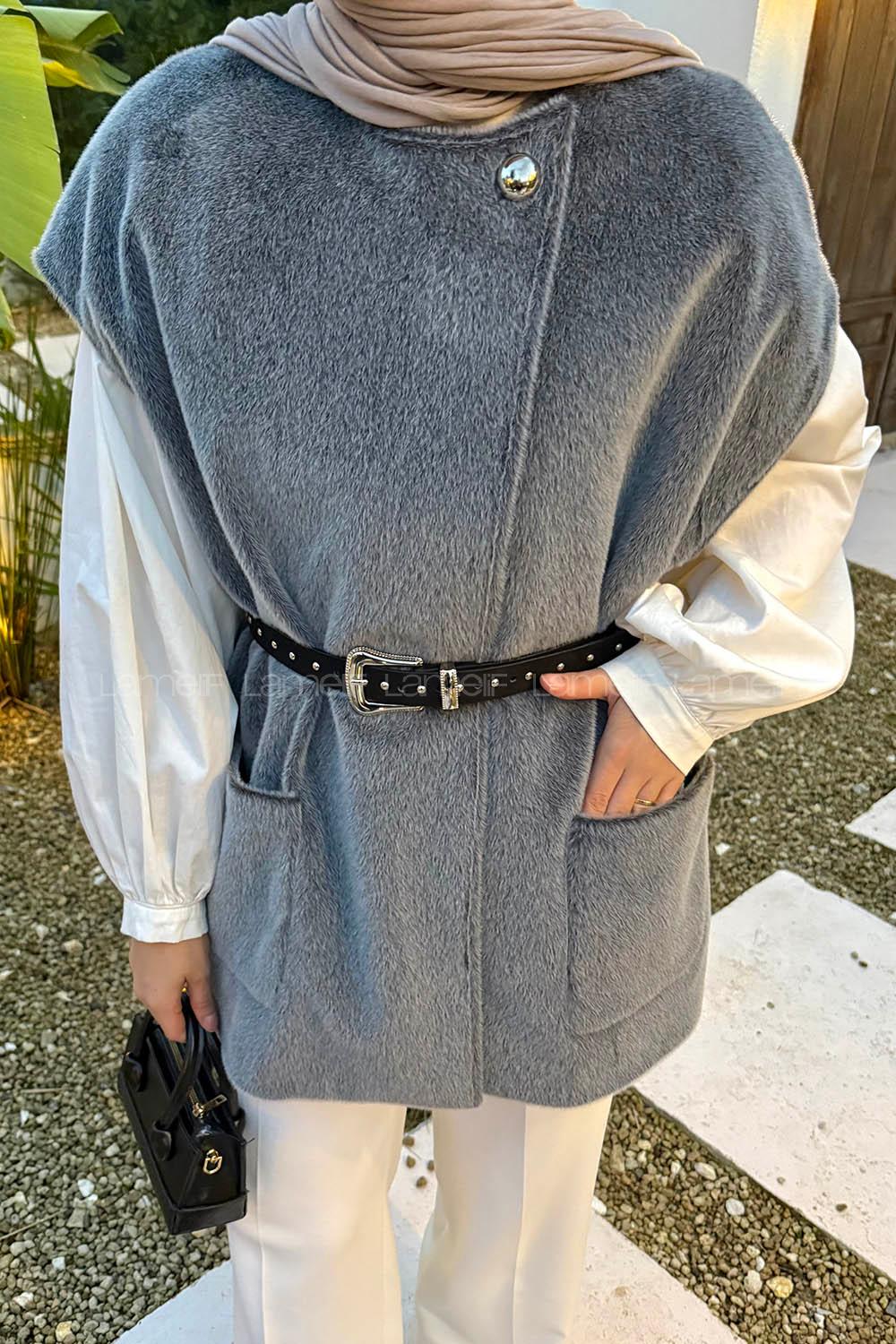 Lamelif Kemerli Kaşe Yelek Gri