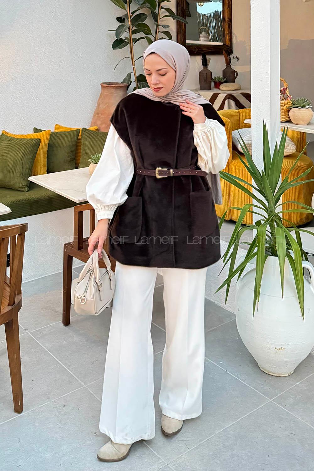 Lamelif Kemerli Kaşe Yelek Koyu Kahve