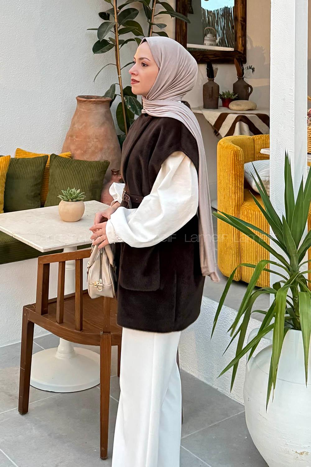 Lamelif Kemerli Kaşe Yelek Koyu Kahve