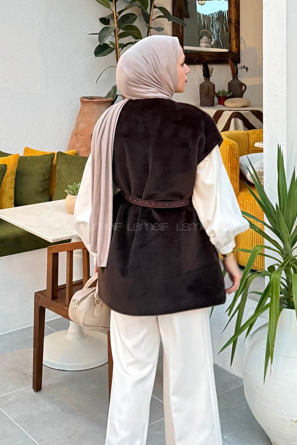 Lamelif Kemerli Kaşe Yelek Koyu Kahve