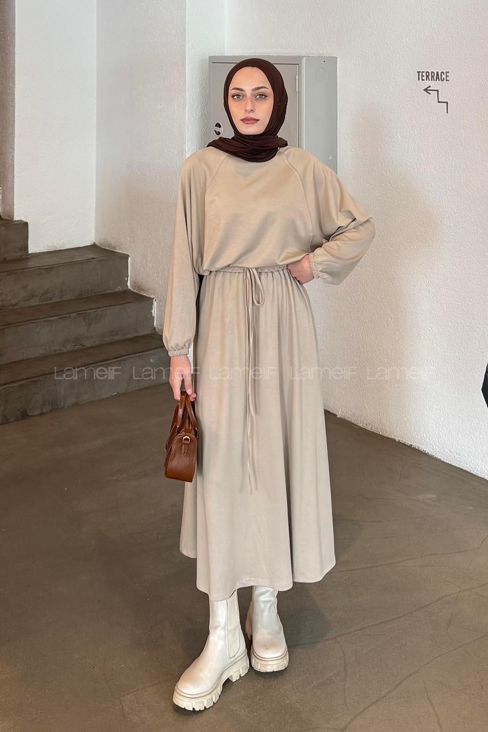 Lamelif Kol Manşet Lastikli Etekli Takım Bej