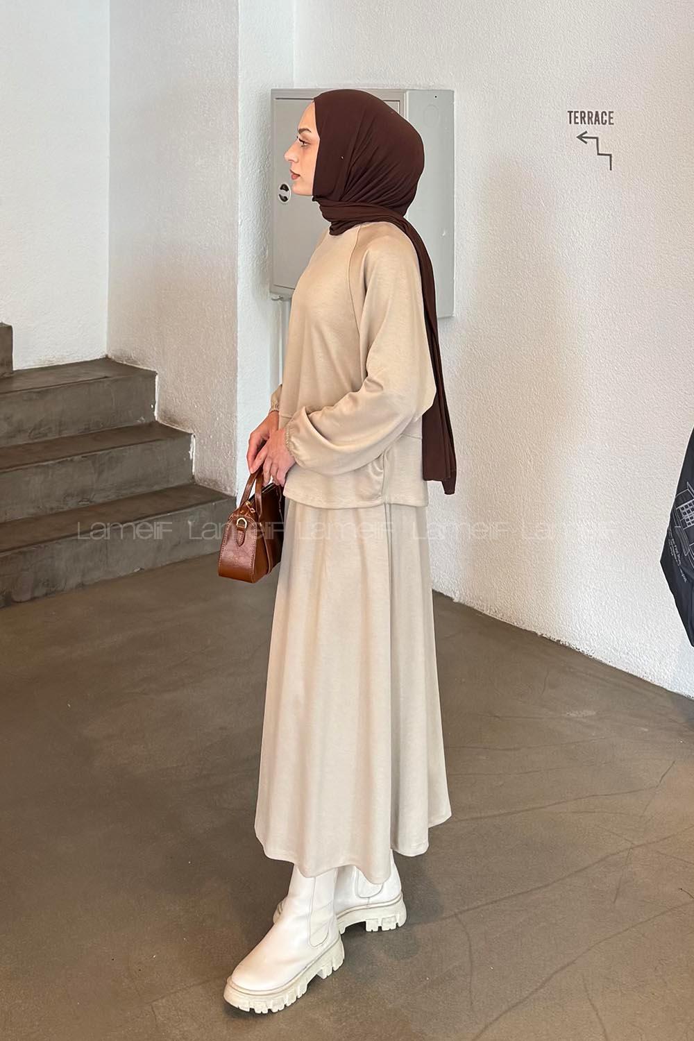 Lamelif Kol Manşet Lastikli Etekli Takım Bej