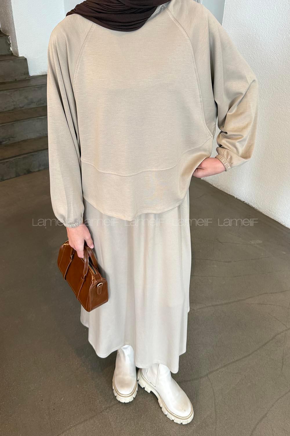 Lamelif Kol Manşet Lastikli Etekli Takım Bej