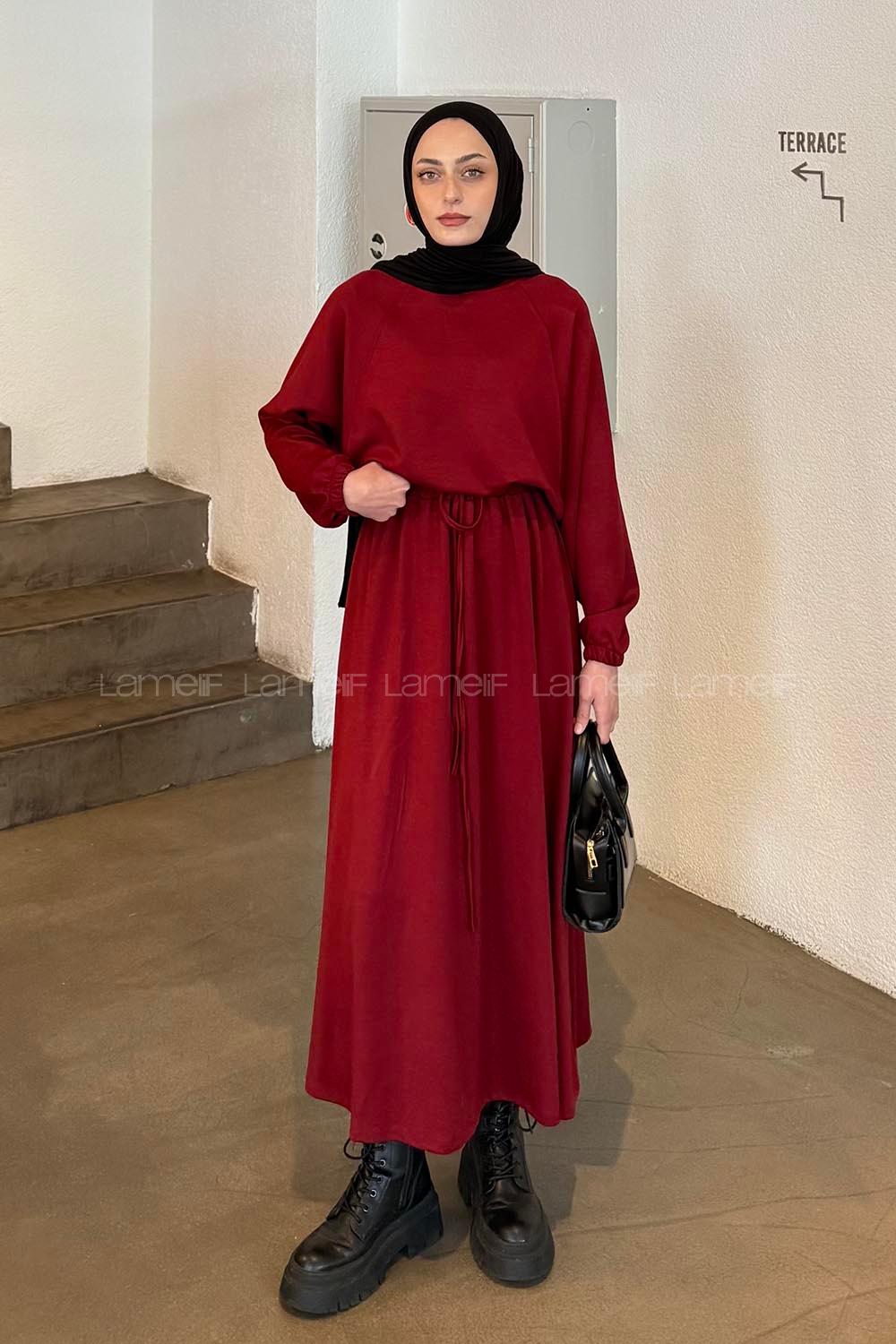 Lamelif Kol Manşet Lastikli Etekli Takım Bordo