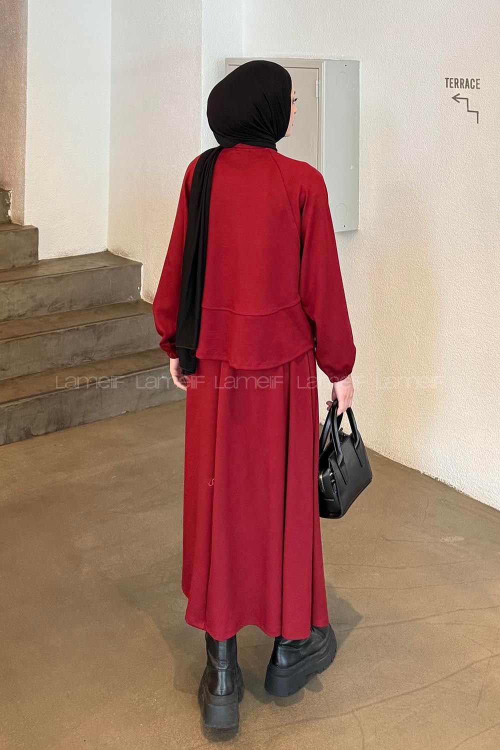 Lamelif Kol Manşet Lastikli Etekli Takım Bordo