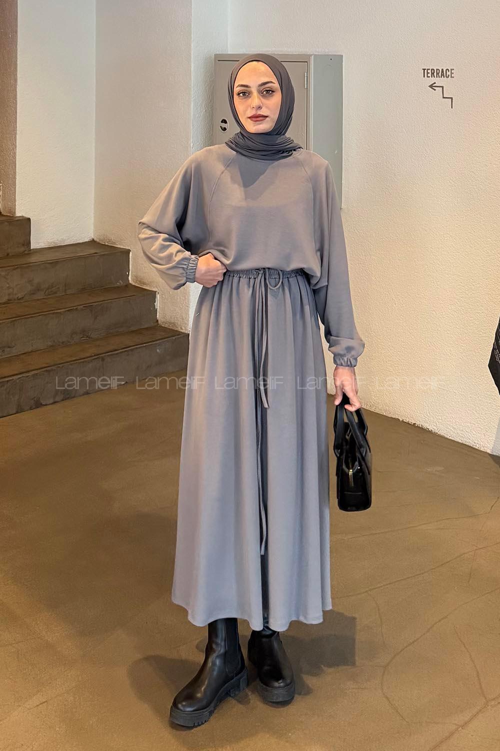Lamelif Kol Manşet Lastikli Etekli Takım Gri