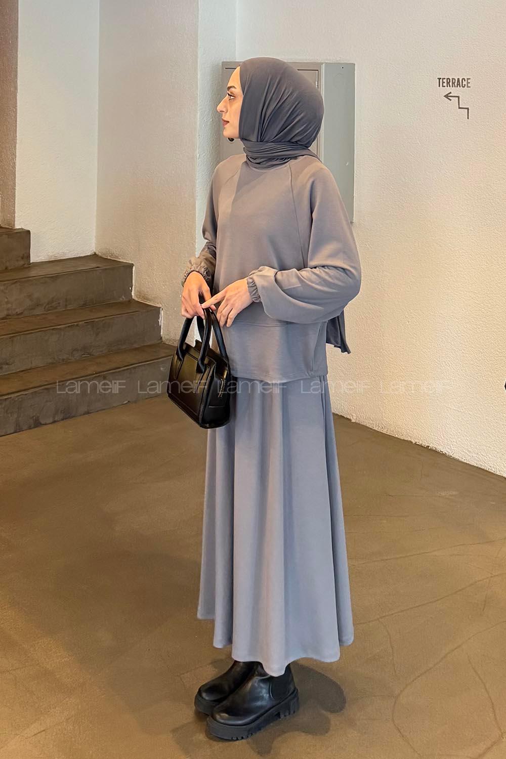 Lamelif Kol Manşet Lastikli Etekli Takım Gri